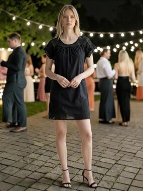Anthropologie Girls From Savoy Black Crochet Yoke Linen Blend Mini Dress